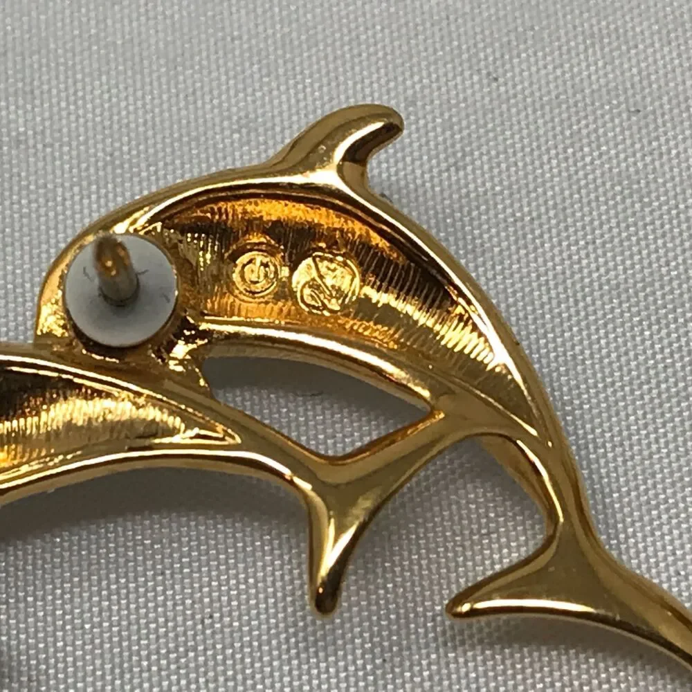 Swan Signed SWAROVSKI DOLPHIN Couple Pair Lapel Tack PIN BROOCH 1.25